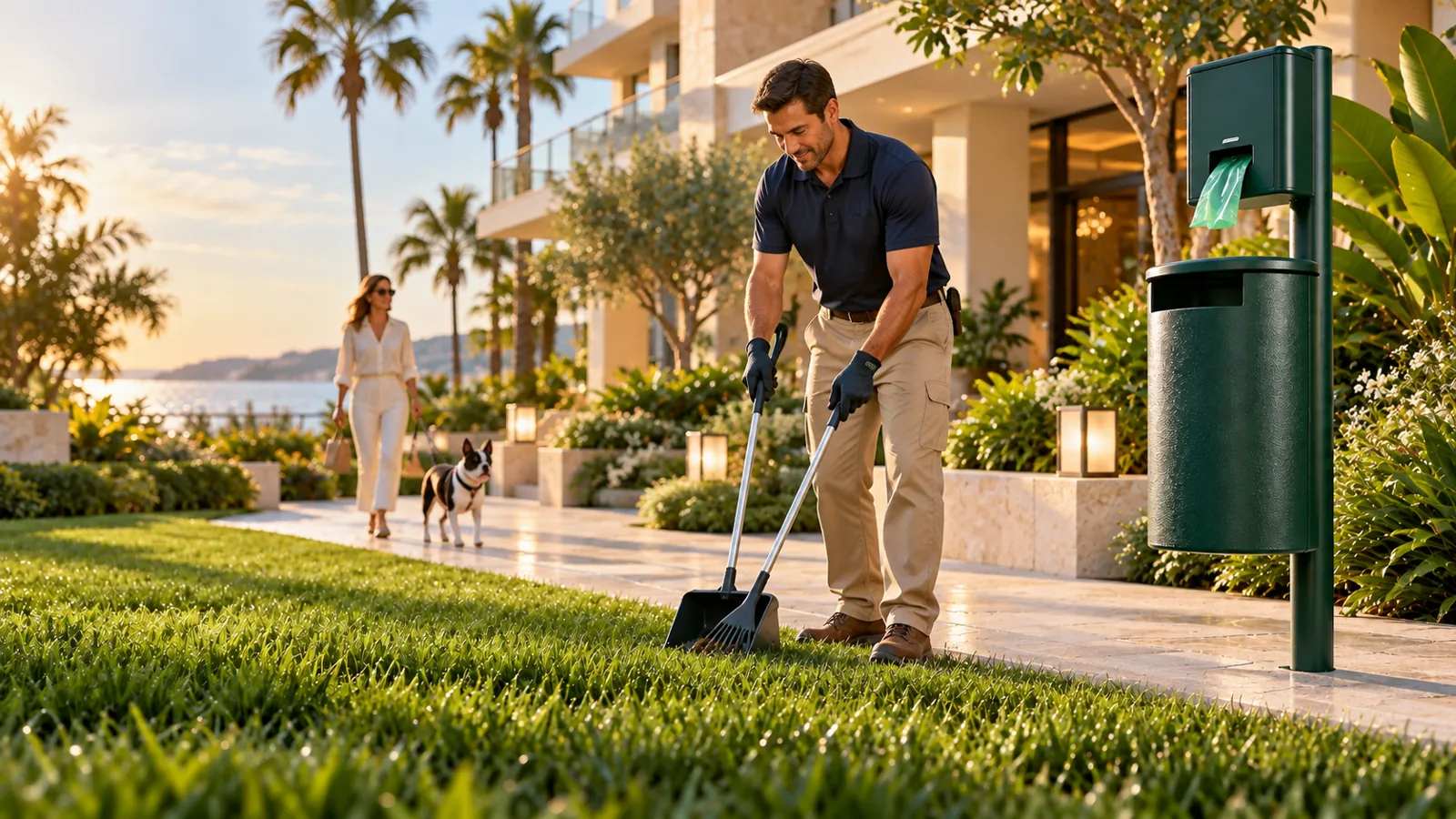 Hotel grounds pet-waste care concept at a coastal property